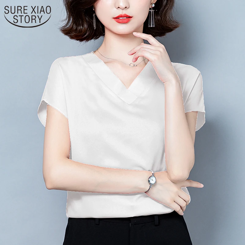 

Solid Colors Bottoming Woman's Shirts Silk Short Sleeve Blouse Woman Fashion Office Lady Style Korean Plus Size 4XL Blusas 10297