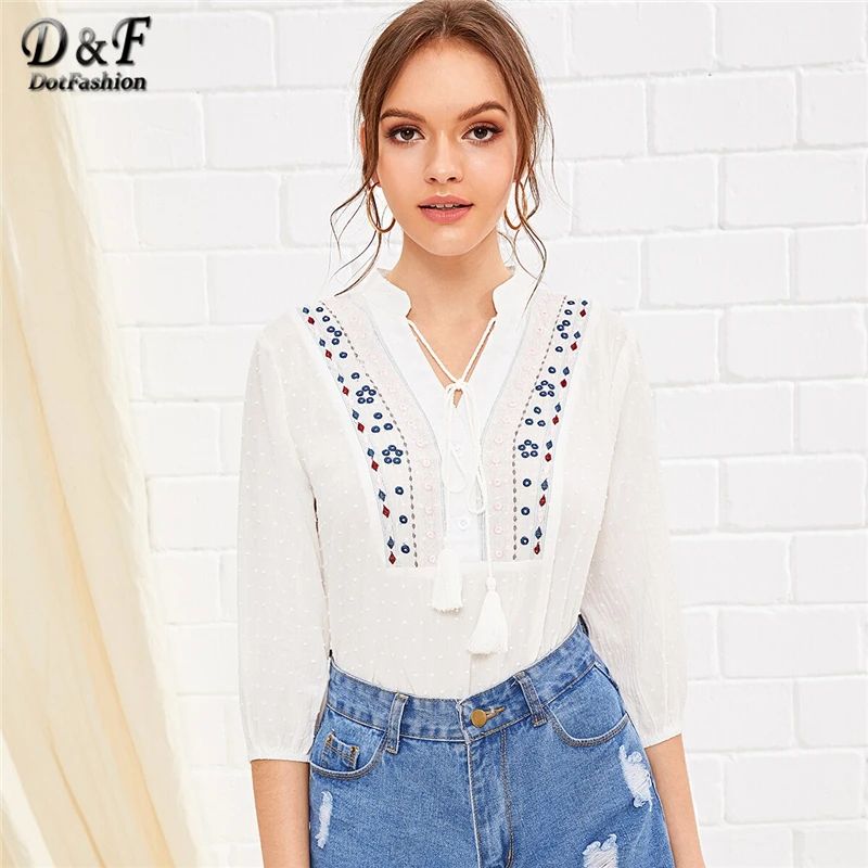 Dotfashion/белая блузка с v-образным вырезом и галстуком-бабочкой и вышивкой для женщин, летние блузы с рукавом 3/4