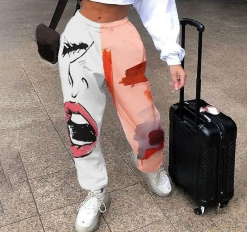 

Sweatpants Women High Waist Graffiti Patchwork Streetwear Woman Long Pants Autumn Winter Casual Loose Joggers Pant Trousers