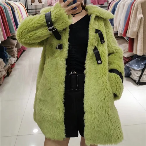 Green Женское пальто из овечьего меха, шерстяная верхняя одежда, длинная верхняя одежда, теплое пальто, женская модная куртка, женская куртка из натурального овечьего меха - Цвет: Green
