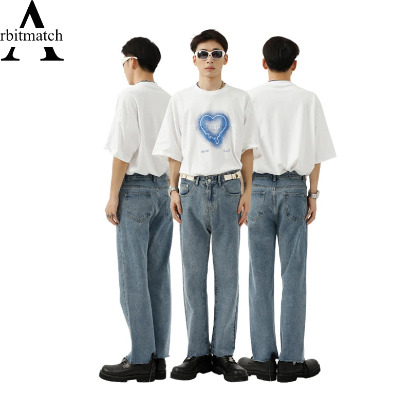 

Arbitmatch Man Pants Blue Solid Casual Jeans For Men Loose Streewear Straight Baggy Jeans Denim Men Trousers Ankle-Length Pants