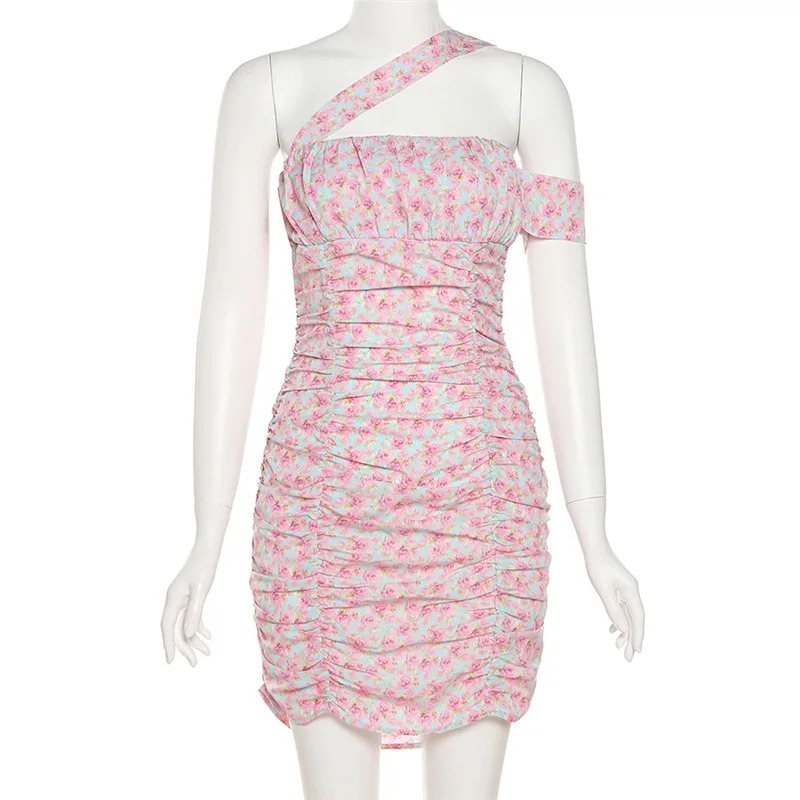 

2021 Summer Fashion Floral Print Romantic Pink Bodycon Dress for Women New Casual Sexy One Shoulder Fashion Elegant Boho Dresses