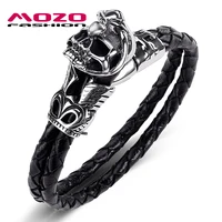 fashion men jewelry double layer black leather bracelet stainless steel skull skeleton punk charm gift bangles