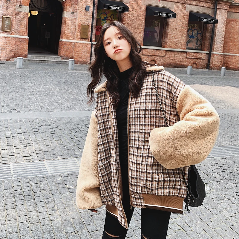 Lambswool Лоскутная утепленная куртка зимняя Осенняя Наплечная рукав с отворотом