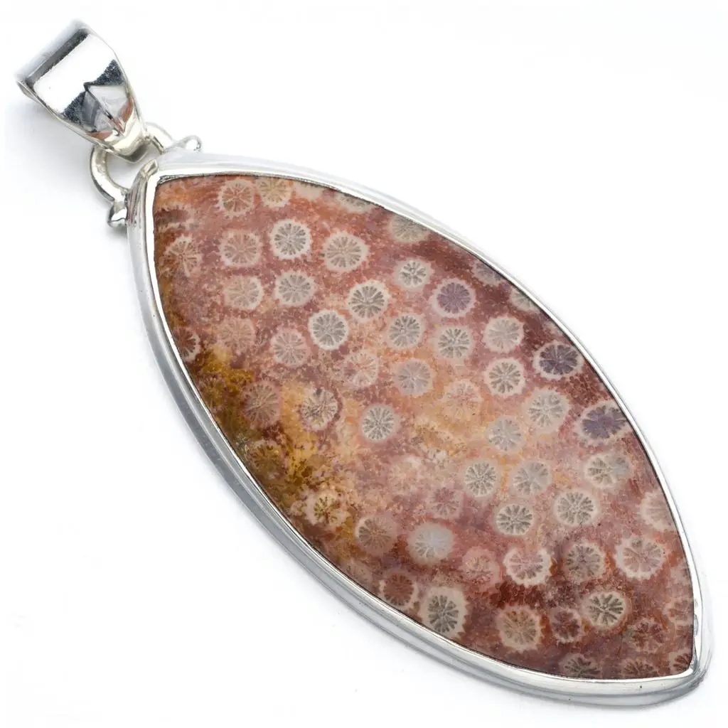 Кулон из серебра 925 пробы в стиле панк с натуральным ископаемым кораллом 2 1/2 дюйма