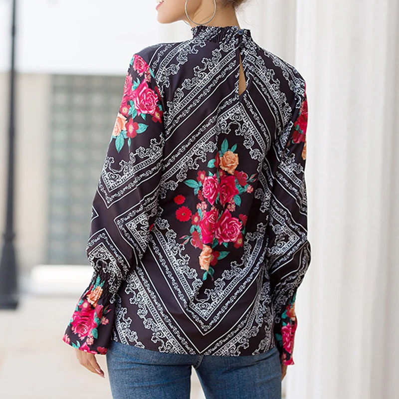 

Autumn New 2020 Women Loose Stand-up Collar Printed Long-sleeve Top Shirt Women Blouses Streetwear