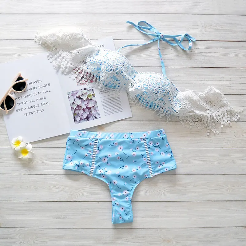 

Women Sexy Tassel Beachwear Causal Vogue Bikini Suits Lace stitched High Waist Triangle Swimwear Elegant Floral Biquini Female