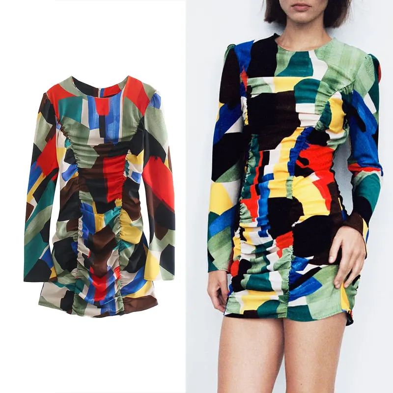 

ZA 2021 Autumn Women Dress Print Pleated Long Sleeve Elegant Party Dresses For Woman O-neck Fashion Slim Mini Dress Vestidos