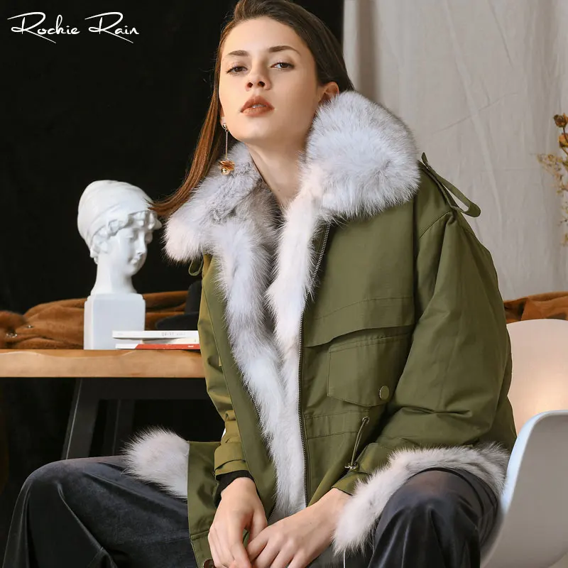 Настоящая меховая парка пальто для женщин натуральный Лисий мех воротник Рекс