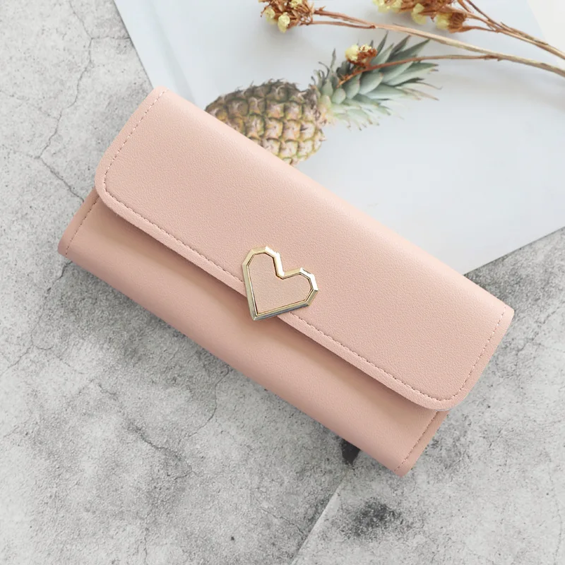 

New product lychee pattern heart-shaped decorative long wallet student multi-card buckle card holder coin purse women's wallet