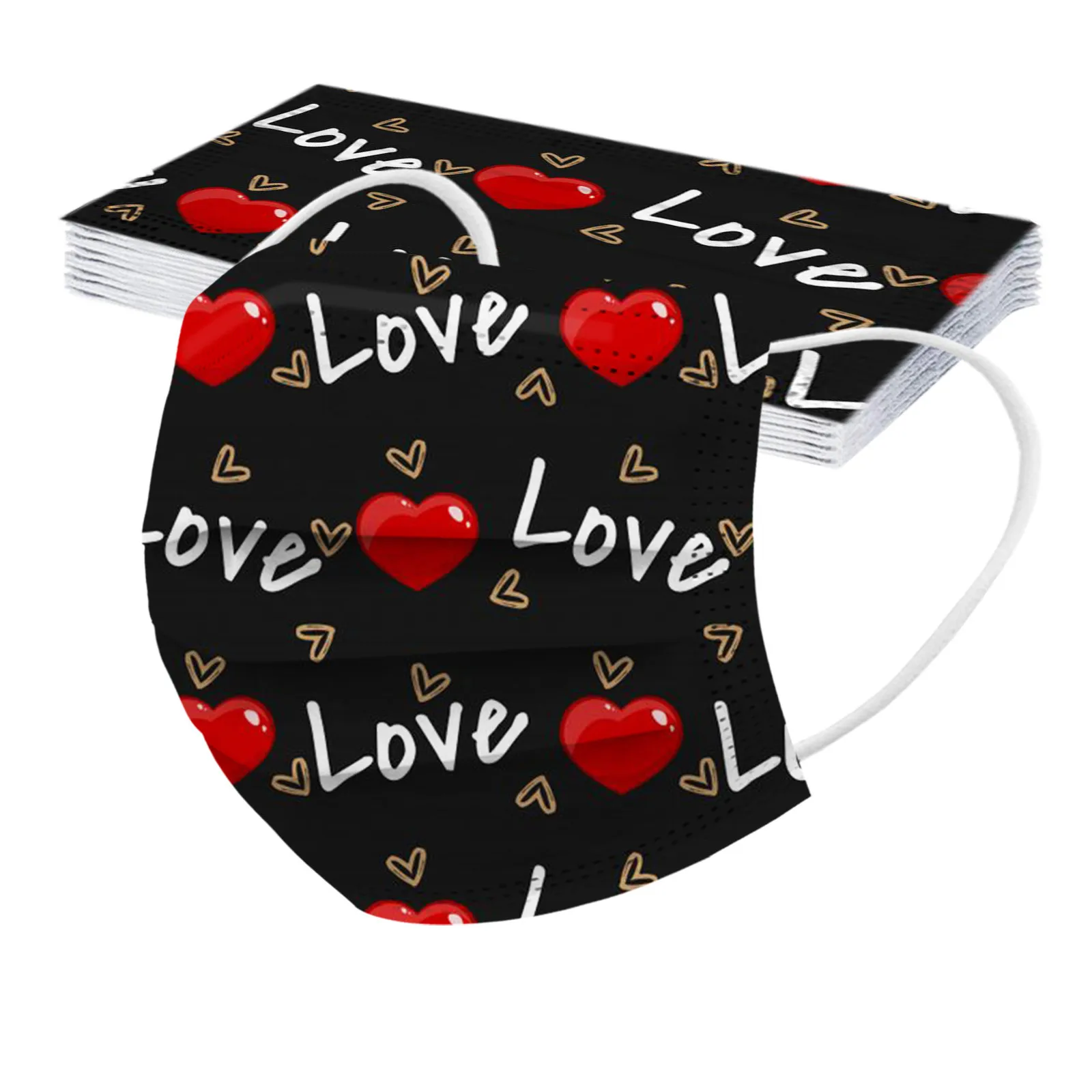 

50PCS Adult's Face-Mask Valentine's Days Disposable 3Ply Earhook Heart Print Non-Woven Mascarillas Anti-Dust Mask Masque