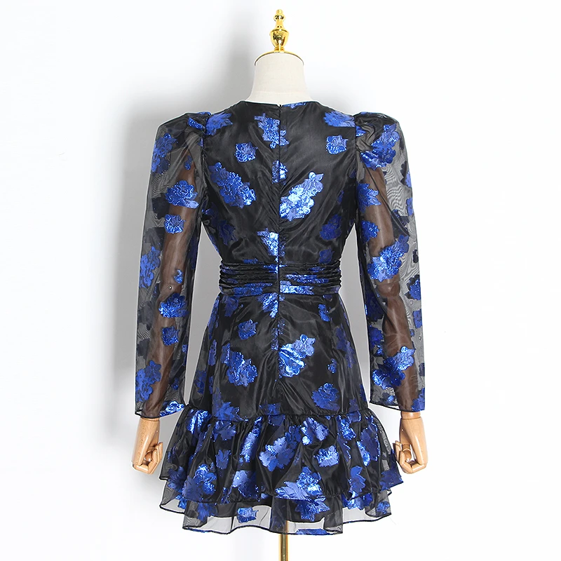 TWOTWINSTYLE Print Perspective Mesh Dresses Female O Neck Puff Long Sleeve High Waist Ruffle Mini Dress Women 2020 Clothing Tide | Женская