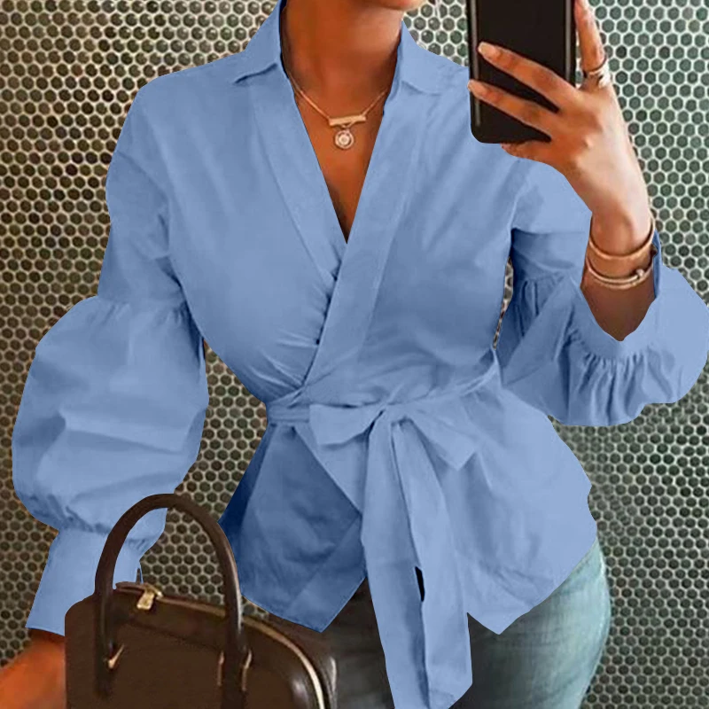 

Plus Size Celmia Fashion Women Tops and Blouses Vintage Lantern Sleeve Shirts Tunic Casual Loose V-Neck Elegant OL Blusas Belted