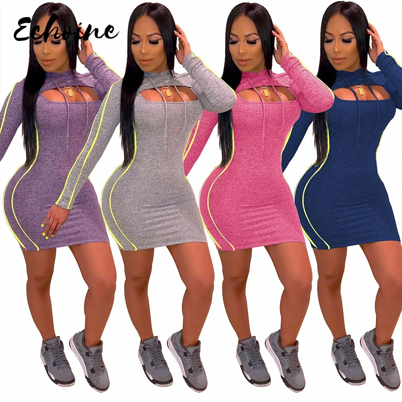 Echoine Для женщин осенне зимние облегающие мини платье комплект одежды в полоску с