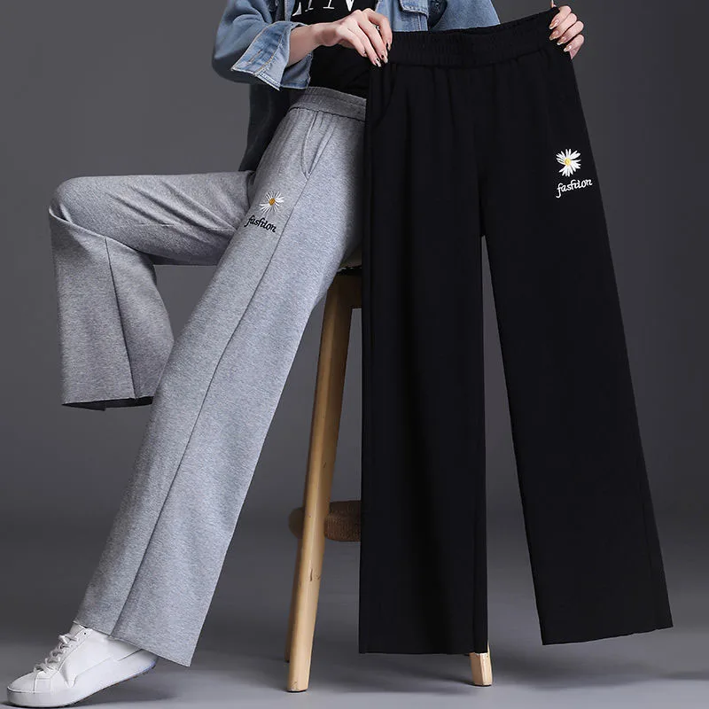 

Loose Letter Embroidery Cotton Wide Leg Pants Women Elastic High Waist Baggy Straight Leg Trousers Classical Spring Sweatpants