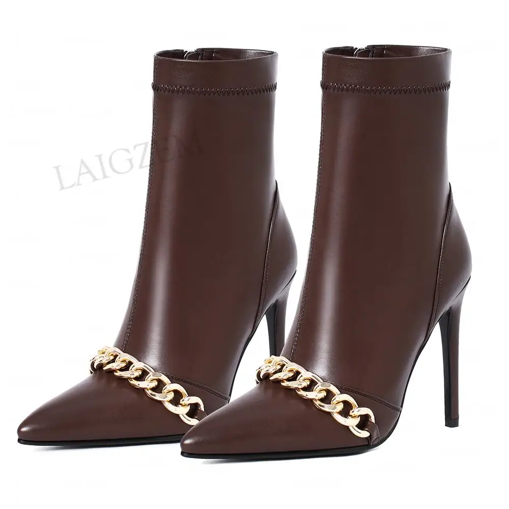 LAIGZEM женские ботильоны цепи Эластичные Боковые с высоким каблуком шпилькой