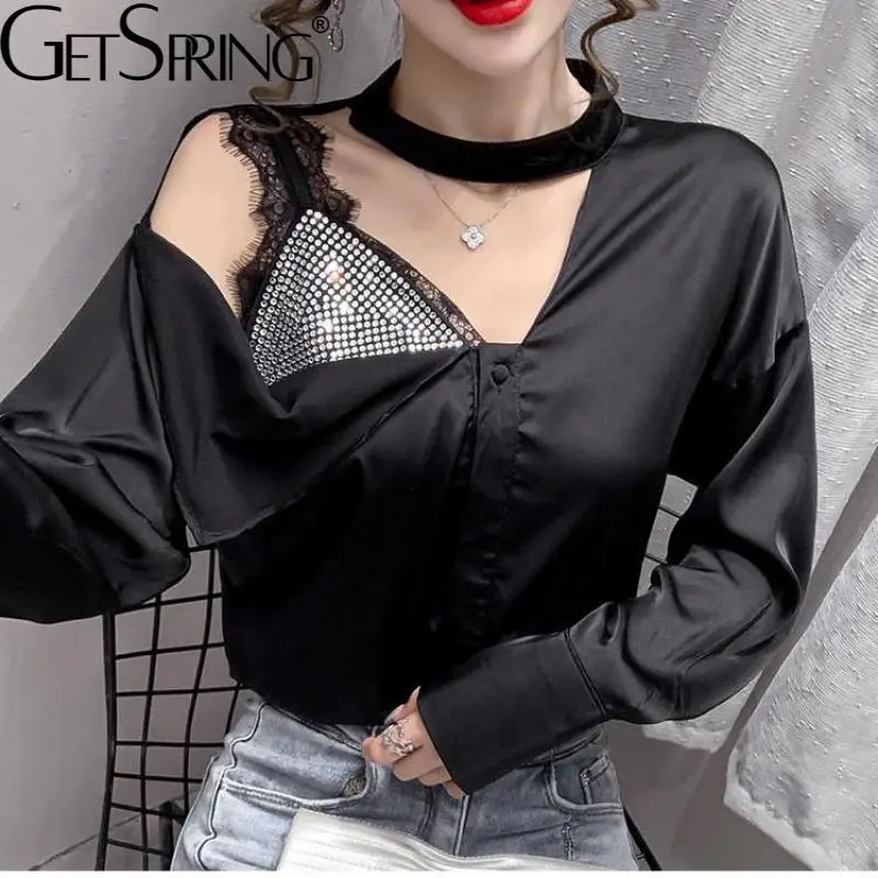 

GeSpring Women Blouse Rhinestone Lace Stitching Off Shoulder Ladies Shirt Fashion Vintage Female Tops Autumn 2021 Black White