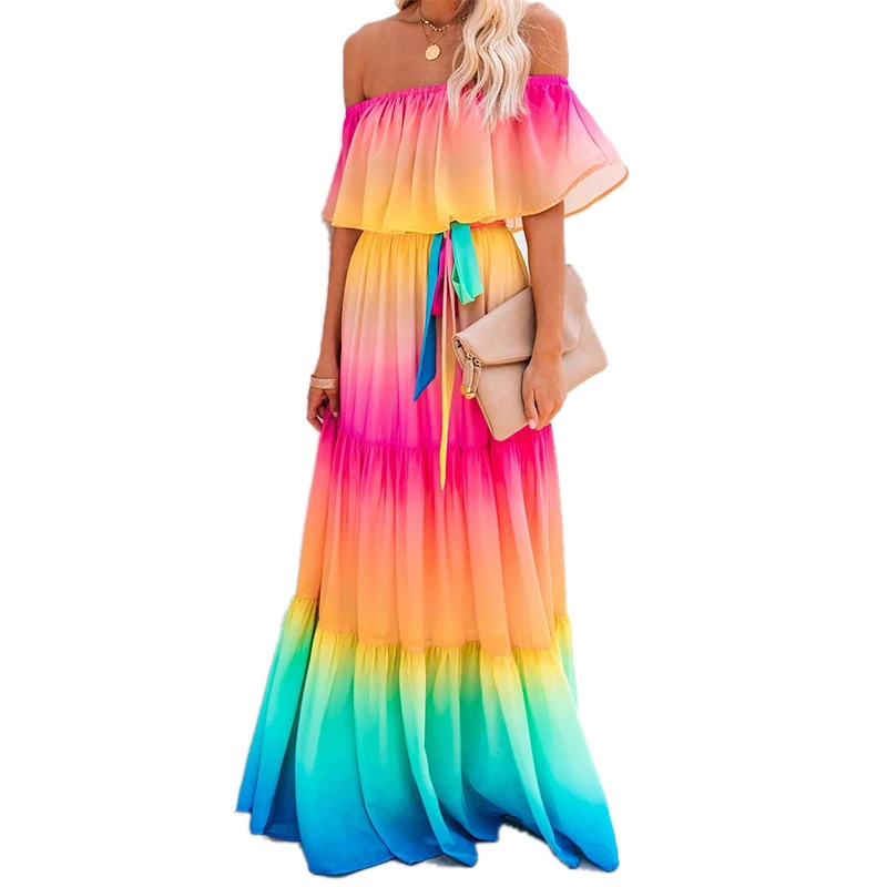 

2020 New Summer Long Dress Sashes Elegant Ladies Rainbow Printed Party Dresses Women Strapless Ruffless Vestidos Mujer Plus Size