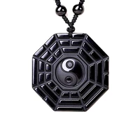 black obsidian gossip yin yang tai chi necklace pendant hand carved black gem lucky amulet