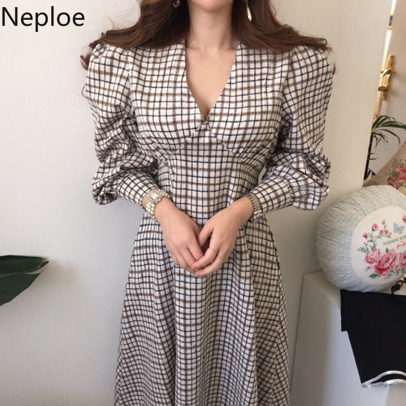 Neploe/корейское шикарное платье в клетку с высокой талией и v образным вырезом