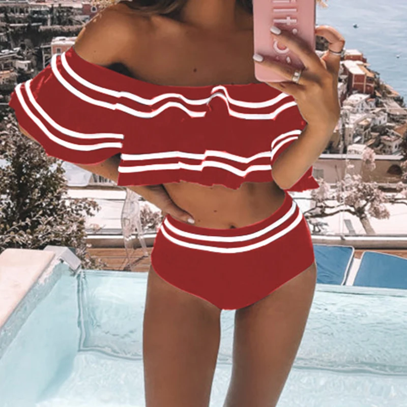 

Sexy Striped Swimwear Women Ruffle High Waist Bikini Set Push Up Swimsuit Female Summer Beach Bikini Bathing Suit New