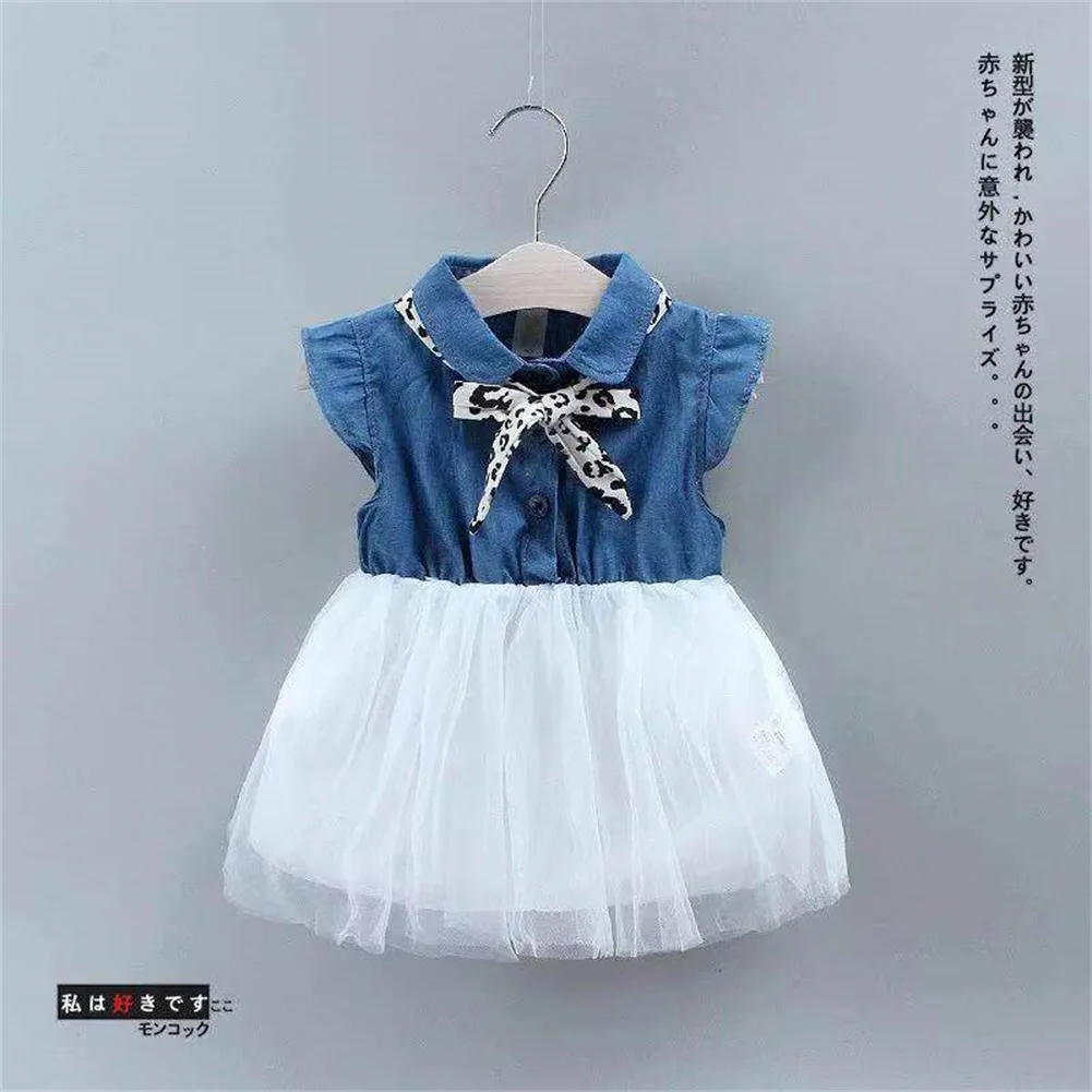 Платье для девочек 2020 детское джинсовое Тюлевое платье с коротким рукавом