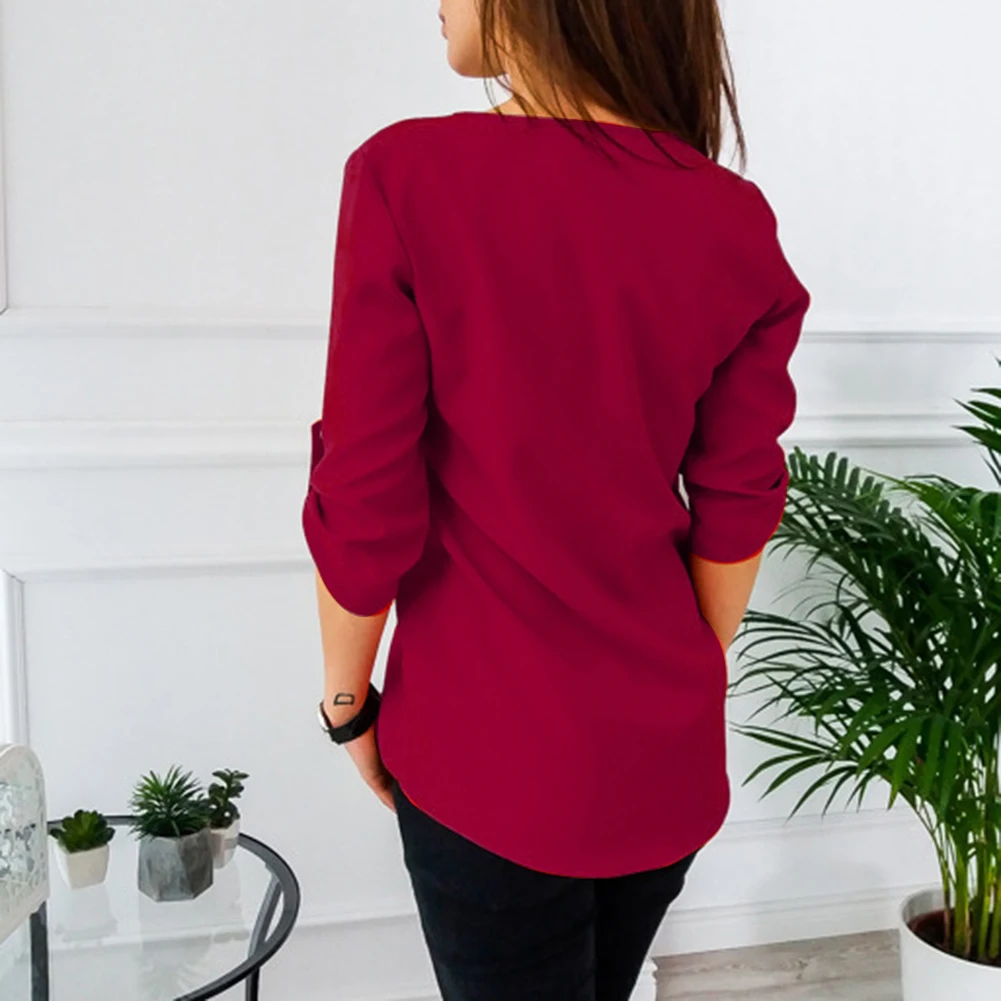 Модная женская футболка Повседневная Однотонная с длинным рукавом на молнии