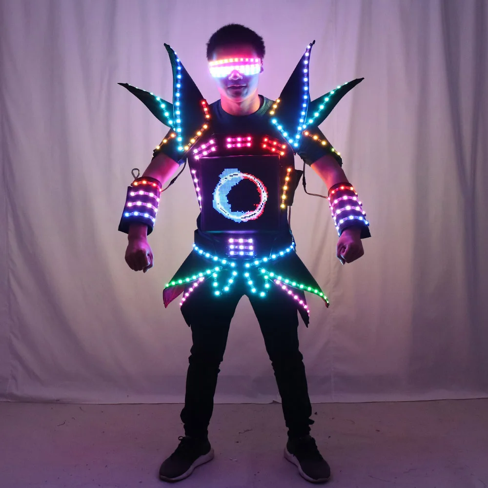 Disfraz de Robot con pantalla LED para fiestas, traje de armadura con espejo de luz colorida, trajes de espectáculo, cascos de discoteca