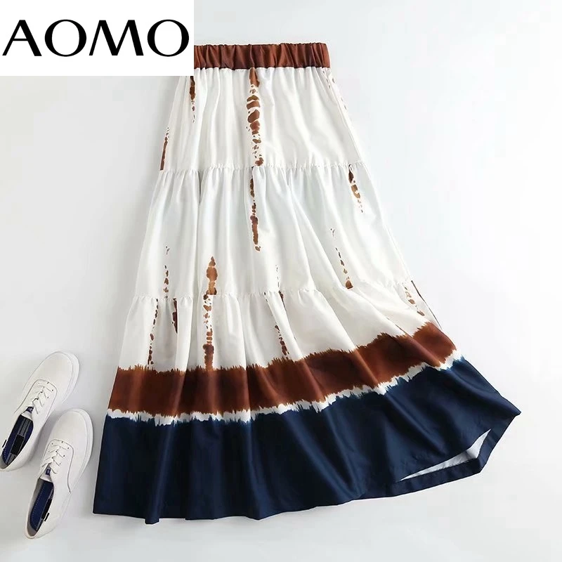 

AOMO Women Tie Dyed High Quality Midi Skirt Strethy Waist Office Ladies Elegant Chic Mid Calf Skirts 4C147A