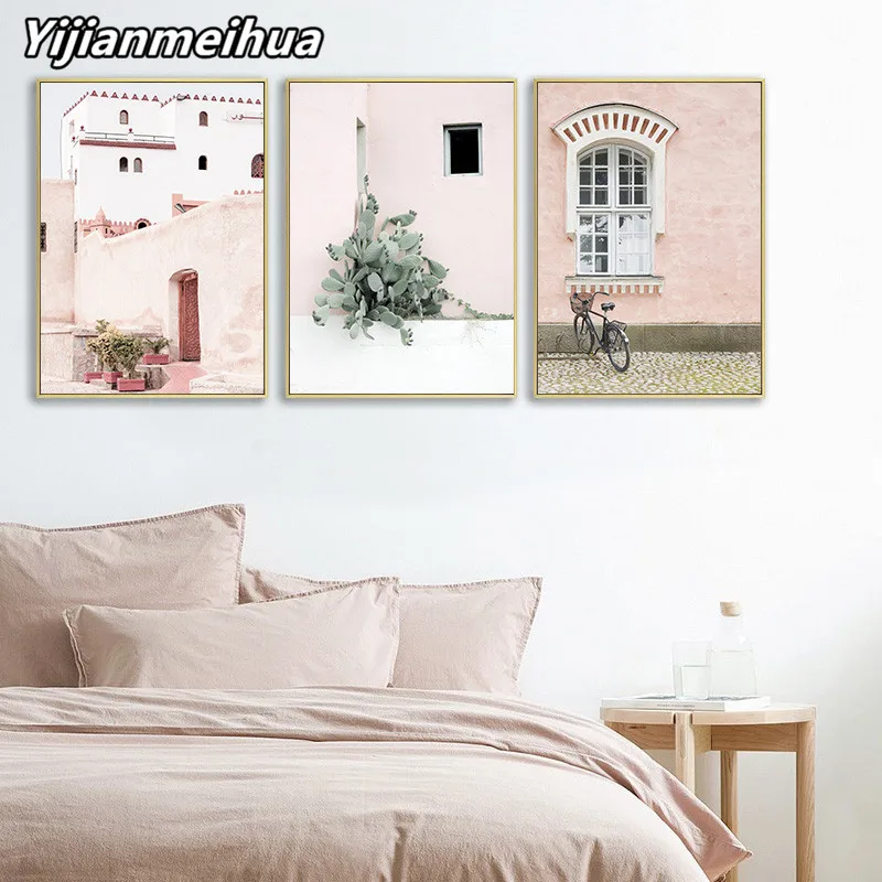 Pink Arabic Architecture Rural Landscape Poster Old House Bike Canvas Print Nature Wall Art Painting Nordic Decoration Picture | Дом и сад