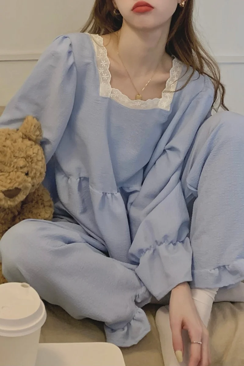 Синяя Пижама комплект из двух предметов женский кружевной топ с воротником и