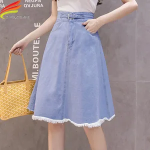 Юбка джинсовая трапециевидная с завышенной талией и карманами, элегантная небесно-голубая джинсы Midi юбка из денима в Корейском стиле с бахромой и поясом, 2020