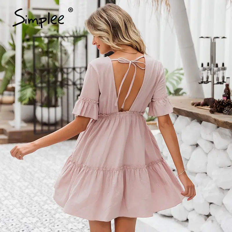 Simplee сексуальное гофрированное женское платье однотонное с коротким рукавом и