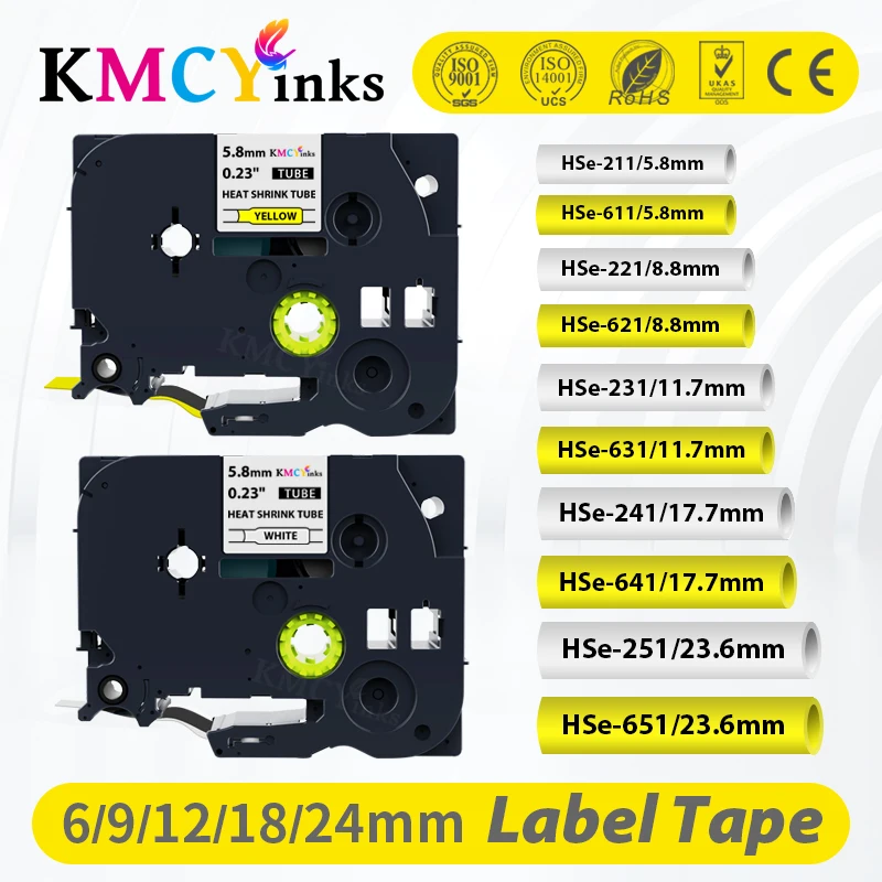 

KMCYinks HSe-211 Hse-221 Hse-231 HSe-611 HSe-621 HSe-631 641 651 241 Heat Shrink Tube Tape Suitable for Brother P-Touch printer