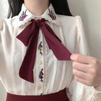 retro vintage shirts women embroidery bow tie tops autumn basic wear elegant formal single breasted button solid shirts femme