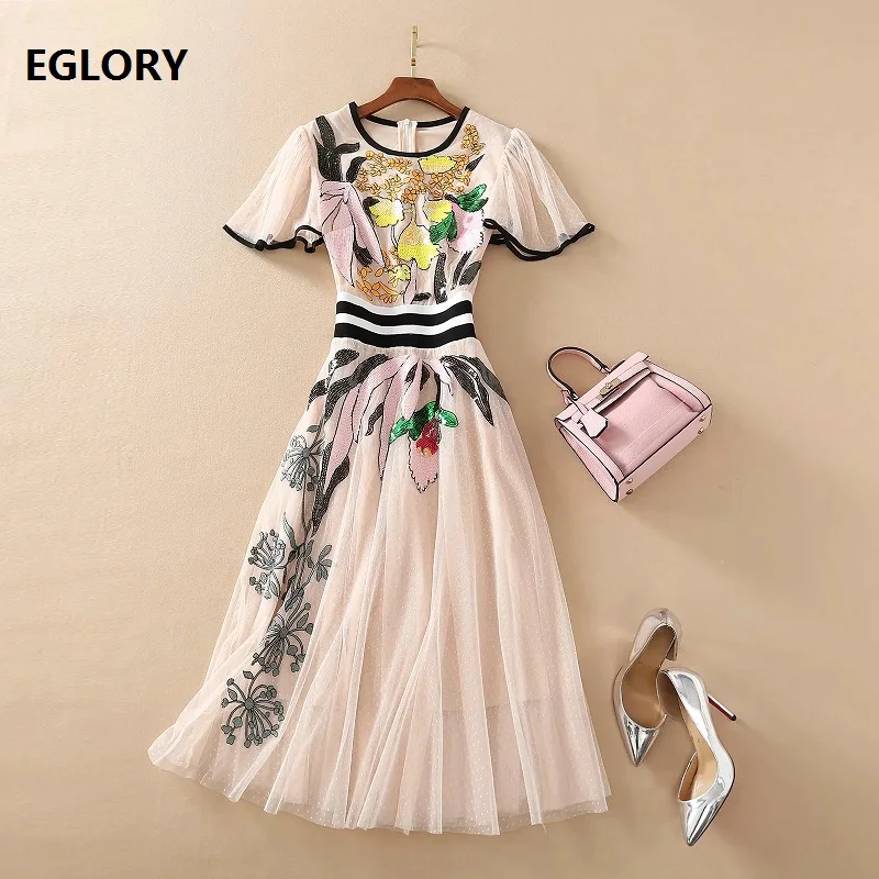 Sequined Dress 2021 Spring Summer Runway Women O-Neck Embroidery Floral Patterns Short Sleeve Large Swing Party Pink Dress Mesh
