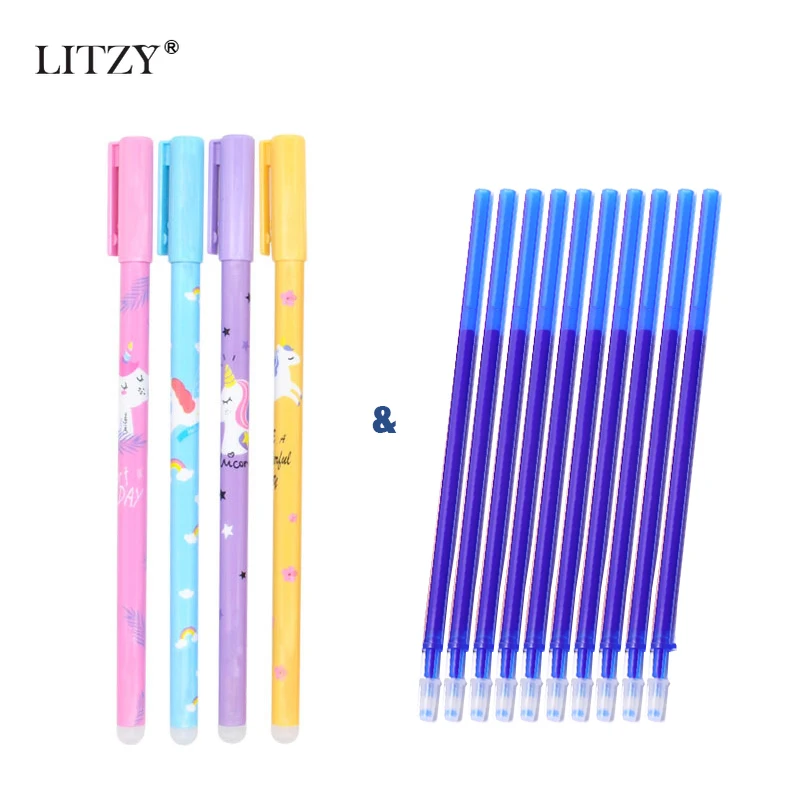 

2 + 10 шт./компл., милая гелевая ручка с единорогом, стираемая ручка, 0,55 мм, синие Черные чернила, Волшебная Заправка для экзамена, офисная, kawaii, ш...