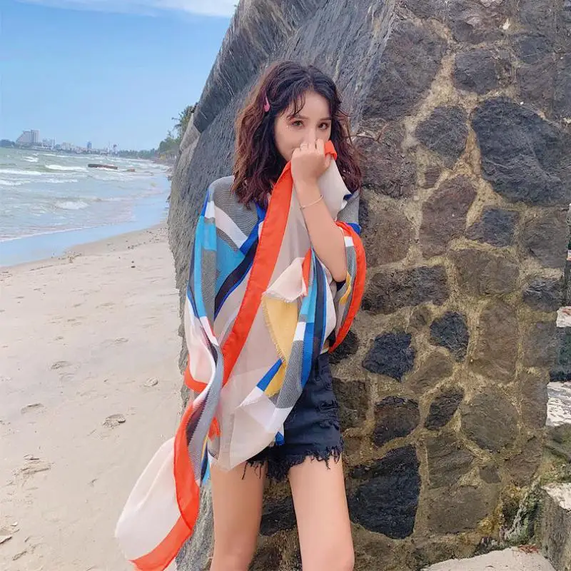 

Women's imitation silk scarf beach shawl spring summer autumn scarf plaid size beach shawl scarf for women