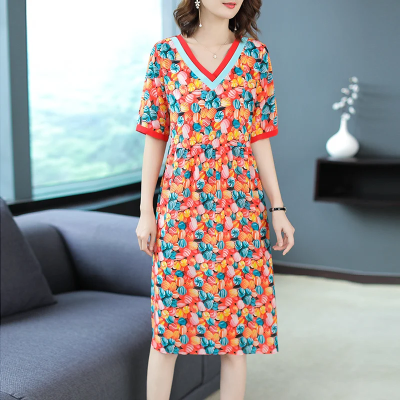 Женское летнее шелковое платье корейское пляжное с цветочным принтом элегантные