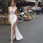 Простое свадебное платье с разрезом, Пляжное облегающее платье, открытая спина, кружевное, в стиле бохо, без рукавов, свадебные платья без спинки