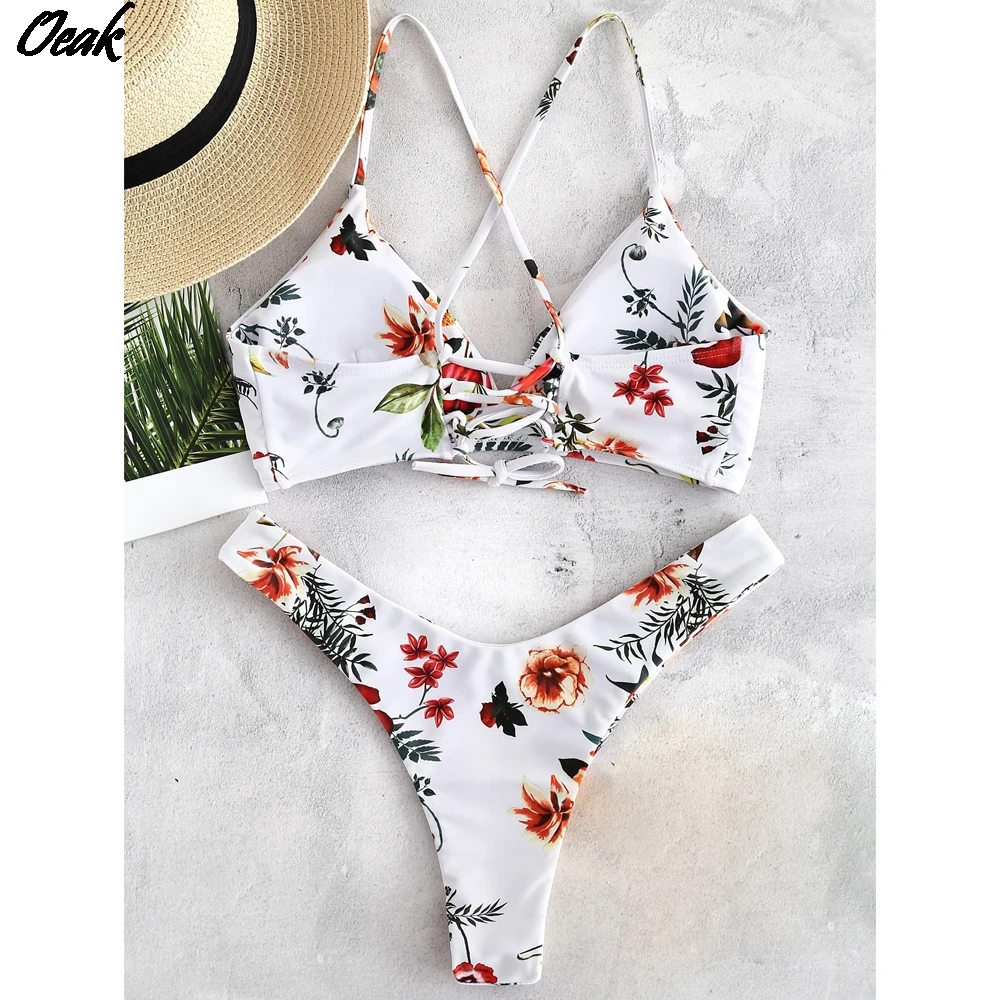Женский сексуальный комплект бикини с цветочным принтом из двух предметов