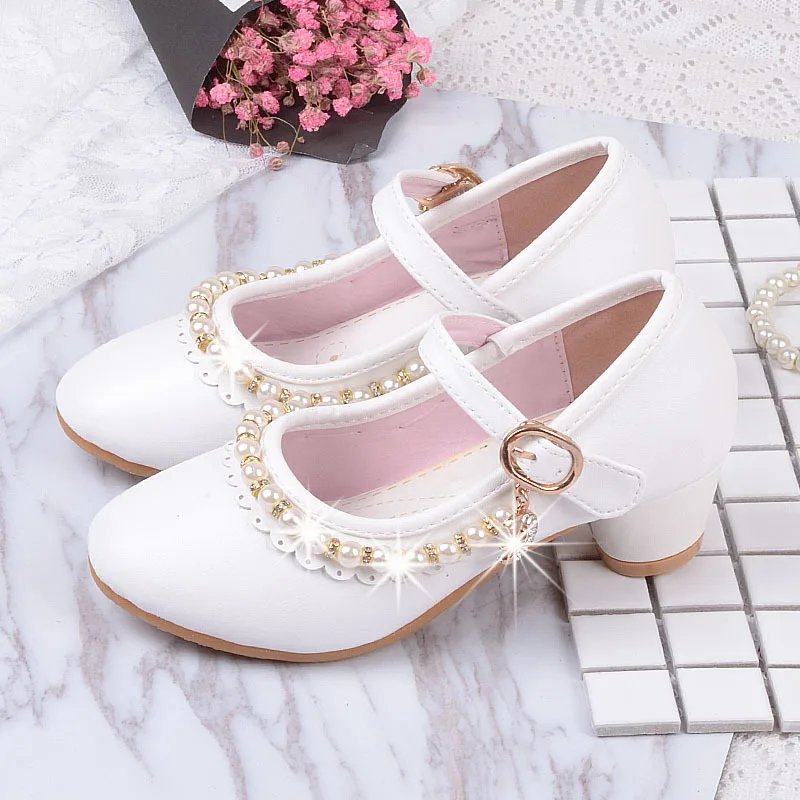 

SKHEK Girls Sandals high heel pink leather Buckle Strap children's Gladiator Pink White Shoes size 26-37 soft Kid shoes enfant
