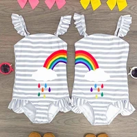 baby girl gray striped rainbow printed ruffled swimsuit swimwear kids children summer beach 1 piece bikini tankini bathing suit