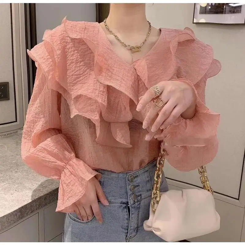 

2021 spring new Ruffle Chiffon Top Women's V-neck Korean trumpet sleeve shirt women's versatile blouse