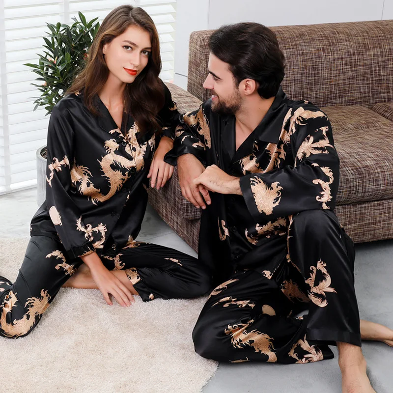 

FZSLCYIYI Summer Long Sleeve Pants Silk Men Pajama Sets Sleep Dragon Phoenix Print Satin Sleepwear Rayon Women Men Pyjamas