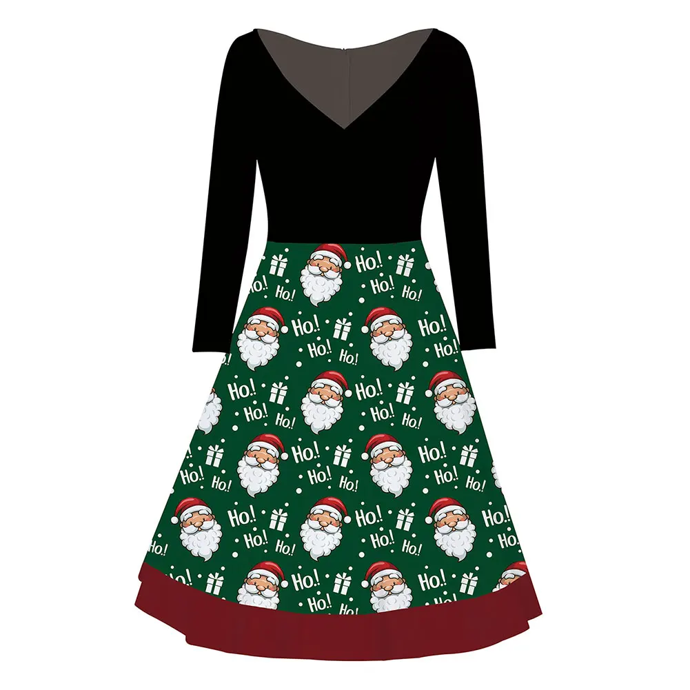 

Christmas V-neck Long Sleeve Print One-Pieces, Fashionable Slinky Formal Dress Knee-length Skirt with Zipper Holiday Celebration