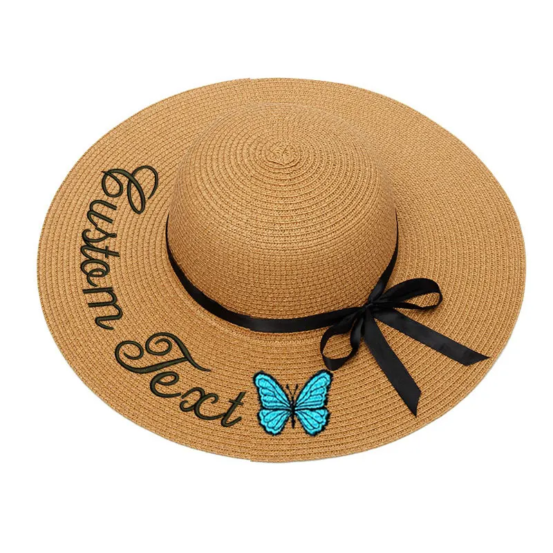 

Шляпа женская Соломенная с вышивкой, персонализированная с индивидуальным логотипом вашего имени, с текстом, бабочкой и широкими полями, ул...