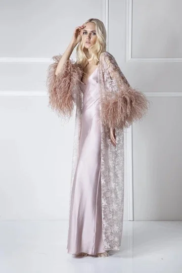 Халат женский кружевной из двух предметов пижама-кимоно светло-фиолетового