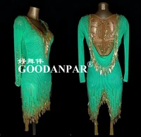 goodanpar costume latin dance competition dress women with bodysuit bra cups salsa sexy lace beads tube fringes green