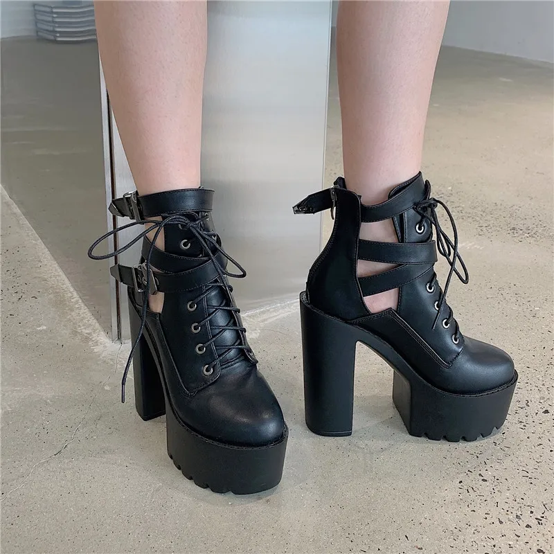 

White Platform Boots Autumn Shoes Women 2021High Heel Boots Round Toe Buckle Platform Punk Boots Black Boots Women Bota Femenina